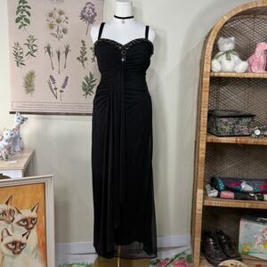 Y2k Mesh Beaded Ruched Formal Maxi Dress Romantic Glam Old Money Dark Coquette L